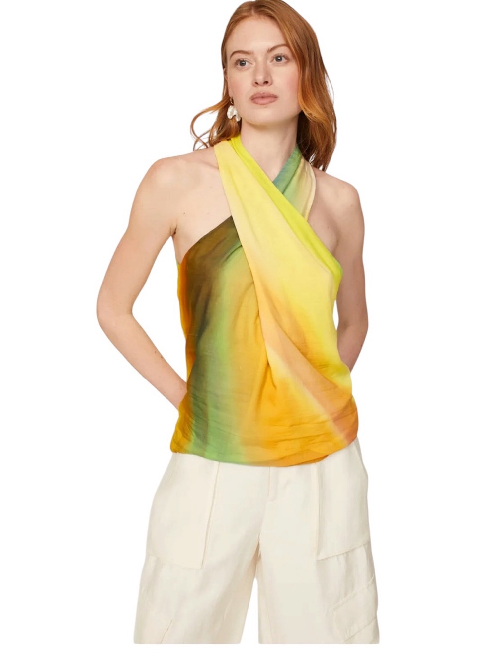 Natori- Boracay Women's Halter Ombre Satin Top in Yellow-Green Size S